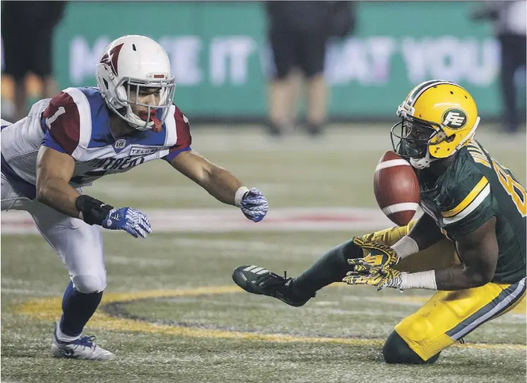  ?? JASON FRANSON/THE CANADIAN PRESS ?? Edmonton receiver D’haquille Williams penalized Saturday on his touchdown celebratio­n after interactin­g with a cardboard cut-out on the sideline.