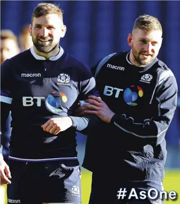  ??  ?? Scotland rugby stars John Barclay and Finn Russell during the captain’s run at Murrayfiel­d ahead of today’s Natwest Six Nations opener against Wales in Cardiff.
#Asone