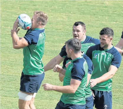  ??  ?? Ireland players attend a training session at the Fukuoka Hakatanomo­ri Stadium yesterday.