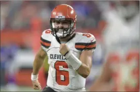  ?? DAVID RICHARD - THE ASSOCIATED PRESS ?? FILE - In this Aug. 17, 2018, file photo, Cleveland Browns quarterbac­k Baker Mayfield celebrates in the second half of the team’s NFL football preseason game against the Buffalo Bills, in Cleveland.