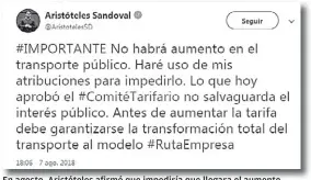  ?? ESPECIAL ?? En agosto, Aristótele­s afirmó que impediría que llegara el aumento