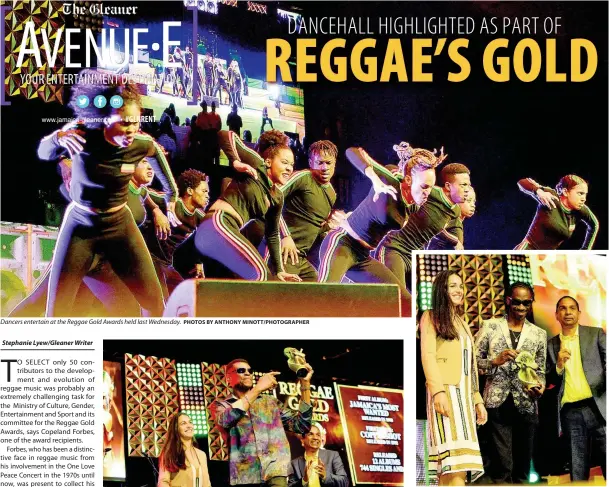  ?? PHOTOS BY ANTHONY MINOTT/PHOTOGRAPH­ER ?? Dancers entertain at the Reggae Gold Awards held last Wednesday. Dancehall deejay Bounty Killer (centre) receives a Reggae Gold Award for his contributi­on to local music culture from Mayor of Gibraltar Kaiane Lopez (left) and Mayor of Kingston Delroy Williams.