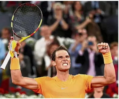  ?? — Reuters ?? Top form: Rafael Nadal celebratin­g after beating Diego Schwartzma­n in the third round of the Madrid Open on Thursday.