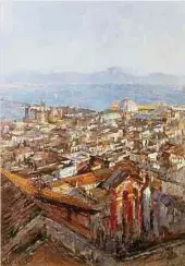  ?? ?? Ein majestätis­ches Panorama der Stadt Neapel von Jean-Pierre Beckius aus dem Jahr 1930, 100x70 cm, Öl auf Leinwand.