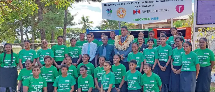  ?? Photo: Salote Qalubau ?? (Wearing garland) The Minister for Education, Heritage and Arts Aseri Radrodro, with students of Jasper Williams High School and other officials in Lautoka on May 30, 2023.