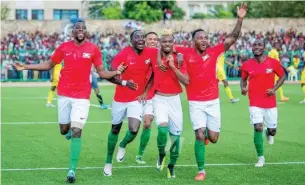  ??  ?? Saido Berahino (2nd right) celebrates with teammates after his goal secured Africa Cup of Nations ticket for Burundi at the weekend