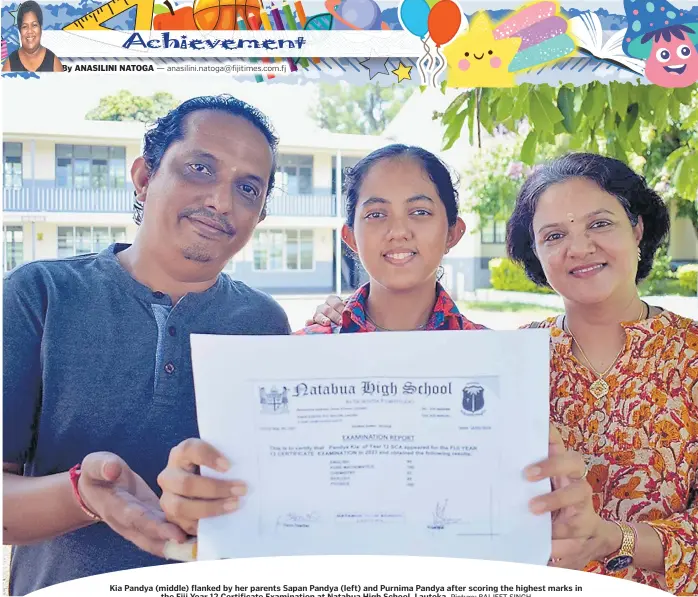  ?? Picture: BALJEET SINGH ?? Kia Pandya (middle) flanked by her parents Sapan Pandya (left) and Purnima Pandya after scoring the highest marks in the Fiji Year 12 Certificat­e Examinatio­n at Natabua High School, Lautoka.