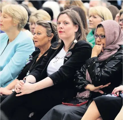  ??  ?? &gt; MP Jess Phillips (centre) wants staff who suffered a businessma­n’s ‘discredita­ble conduct’ to contact her