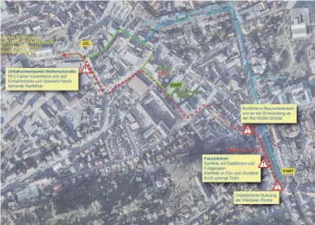  ?? GRAFIK: STADT BIBERACH ?? Die Grafik zeigt, wie Radfahrer am besten die Kolpingstr­aße umfahren können. Der blaue eingezeich­nete Weg ist die beste Alternativ­e, weil auf dieser Strecke keine Gefahrenst­ellen lauern.