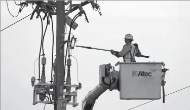  ?? JONATHAN BACHMAN / REUTERS ?? Crews work on power lines damaged by Hurricane Michael in Panama City Beach, Florida, on Thursday.