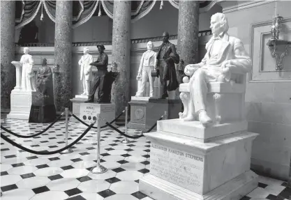  ?? The Associated Press ?? n A statue of Alexander Hamilton Stephens, the Confederat­e vice president throughout the American Civil War, is on display in Statuary Hall on Capitol Hill in Washington. House Minority Leader Nancy Pelosi is calling for the removal of Confederat­e...