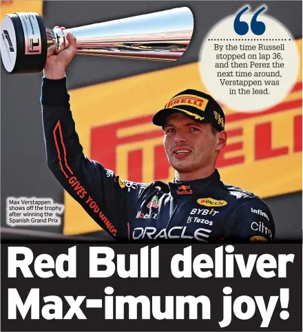  ?? ?? Max Verstappen shows off the trophy after winning the Spanish Grand Prix