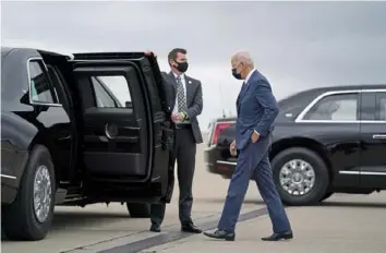  ?? Evan Vucci/Associated Press ?? President Joe Biden arrives at Pittsburgh Internatio­nal Airport ahead of a speech on infrastruc­ture spending on March 31.