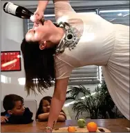  ??  ?? Katy Perry expertly performs the crab, while Celeste prompts two small onlookers to ask: ‘Why does Mummy drink?’