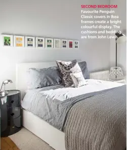  ??  ?? SECOND BEDROOM Favourite Penguin Classic covers in Ikea frames create a bright colourful display. The cushions and bedding are from John Lewis