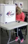  ?? MEGAN DAVIS/ MCDONALD COUNTY PRESS ?? D’Ann Dennis of Pineville casts her vote in the General Municipal Election on Tuesday.