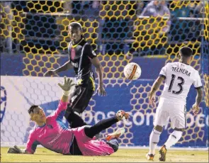  ?? Erik Verduzco ?? Las Vegas Review-journal @Erik_verduzco Goalkeeper Angel Alvarez, sprawling in his pink jersey, is a former standout at Rancho High School who is looking to make the roster of Lights FC.