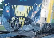  ?? ?? The front of the Brightline train after its collision with a vehicle in which the driver was killed Monday.