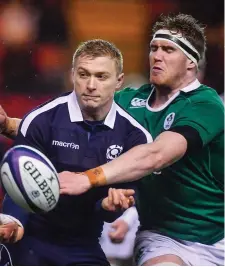  ??  ?? Cameron Hutchison of Scotland is tackled by Cillian Gallagher of Ireland during the RBS U20 Six Nations Rugby Championsh­ip match at Broadwood Stadium, Scotland. Pic: Brendan Moran/ Sportsfile