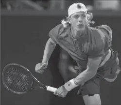  ?? ANADIAN PRESS FILE PHOTO ?? Denis Shapovalov of Richmond Hill serves to Alexander Zverev in the semifinals at the Rogers Cup on Saturday. Shapovalov improved to 67th from 143rd in updated ATP singles rankings.