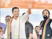  ?? PTI ?? ▪ Congress president Rahul Gandhi at a public meeting in Chevella constituen­cy near Hyderabad on Saturday.