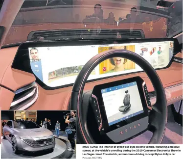  ?? Pictures: REUTERS ?? MOD-CONS: The interior of Byton’s M-Byte electric vehicle, featuring a massive screen, at the vehicle’s unveiling during the 2019 Consumer Electronic­s Show in Las Vegas. Inset: The electric, autonomous-driving concept Byton K-Byte car