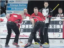  ?? ANDREW VAUGHAN THE CANADIAN PRESS ?? Ontario’s men’s team competes in the eight-team championsh­ip round at the Tim Hortons Brier at the Brandt Centre in Regina last March.