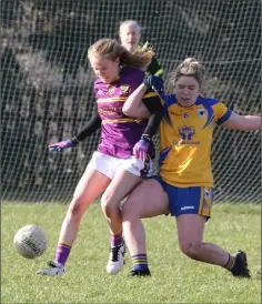  ?? Photos: John Walsh ?? Wexford’s Niamh Butler uses her strenght to get the better of Clare’s Laurie Ryan in St Patrick’s Park last weekend.