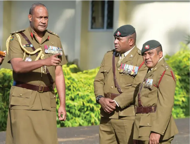  ?? Photo: Ronald Kumar ?? From left: Republic of Fiji Military Forces Land Force Commander Colonel Manoa Gadai, Lieutenant-Colonel Penioni Naliva and new 3FIR Commanding Officer Lieutenant-Colonel Aseri Rokoura at Queen Elizabeth Barracks on June 26, 2019.