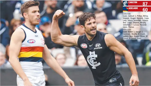  ?? Picture: MICHAEL WILLSON/AFL PHOTOS ?? Carlton’s Levi Casboult celebrates one of his three goals against Adelaide yesterday