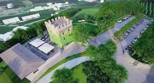  ?? ?? Dall’alto Una visione d’insieme della futura immagine della Torre di Ravina, con la nuova birreria Forst e con accanto un ampio parcheggio