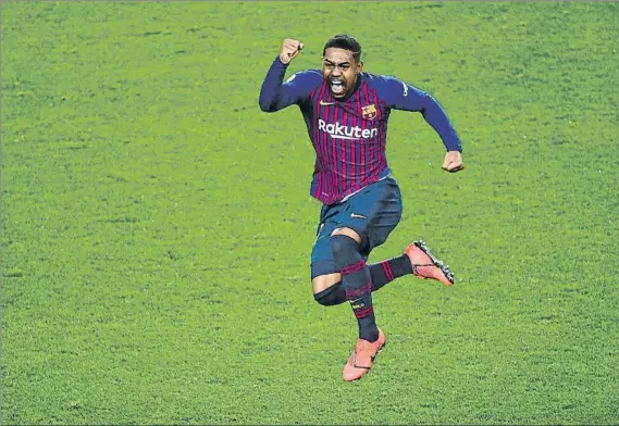  ?? FOTO: MANEL MONTILLA ?? Malcom convirtió el gol del empate y lo celebró por todo lo alto. Logró que el Barça tenga opciones en el Bernabéu de pasar a la final de la Copa del Rey por sexto año seguido