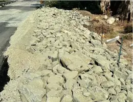  ?? ?? Large chunks of rock called “rip-rap” placed along the roadside in hopes of forestalli­ng a washout if (when?) high water returns.