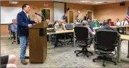  ?? CONTRIBUTE­D ?? Hamilton Schools resident Dan Acton urges the school board Tuesday evening to allow the option of armed teachers in the city’s schools.