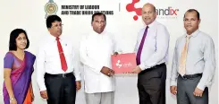  ??  ?? Brandix Apparel Director Air Chief Marshal (Retd) Harsha Abeywickre­ma (second right) presenting the sponsorshi­p cheque to Labour and Trade Union Relations Minister John Seneviratn­e in the presence of (from left) NIOSH Director General Dr. Champika...
