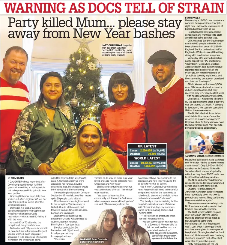  ??  ?? LAST CHRISTMAS Joginder with daughter Dalvinder (second left) and family – now mourning her loss after Covid wedding party tragedy