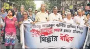  ?? SAMIR JANA/HT ?? ■ The Jomi Jibika Raksha Committee at a rally in Kolkata on Saturday to protest against Friday's violence allegedly by TMC workers on their Panchayat poll campaign in the state.