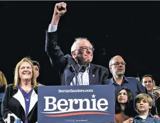  ?? ERIN SCHAFF/THE NEW YORK TIMES ?? Sen. Bernie Sanders, I-Vt., addresses supporters on Super Tuesday in Essex Junction, Vt. Sanders won California and three other states on Tuesday, but now trails Joe Biden in the delegate count.