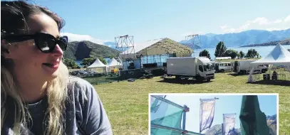  ?? PHOTOS: KERRIE WATERWORTH ?? Only a few hours to go . . . Tuki festival 2020 assistant director Josephine Gallagher at the festival venue in Wanaka’s Glendhu Bay. Inset: A loo with a view . . . One of the new sustainabi­lity initiative­s at the Tuki Festival 2020 is a hay bale toilet for men.