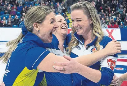  ?? ANDREW VAUGHAN THE CANADIAN PRESS ?? Alberta’s Rachel Brown, Dana Ferguson and Chelsea Carey celebrate after defeating Ontario 8-6 in the Scotties final on Sunday.