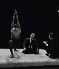  ?? ?? Striking a pose: (left) yoga guru BKS Iyengar performs stretches while Yehudi Menuhin (centre) and David Attenborou­gh discuss BBC television special Yehudi Menuhin and His Guru, 1963