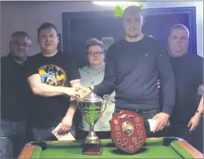  ?? ?? Brian McGrath Memorial Pool Classic finalists Darren Dingivan (second left, runner-up) and Shane Walsh (second right, winner) shaking hands after a very close final. Also included is co-organiser John O’Beirne (left), Annie McGrath (centre) and PRO/co-organiser Seamus Kilmartin (right).