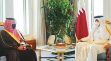  ?? Courtesy: QNA ?? Qatar Emir Shaikh Tamim (right) and Saudi Arabia’s Prince Abdul Aziz Bin Saud during a meeting in Doha yesterday.