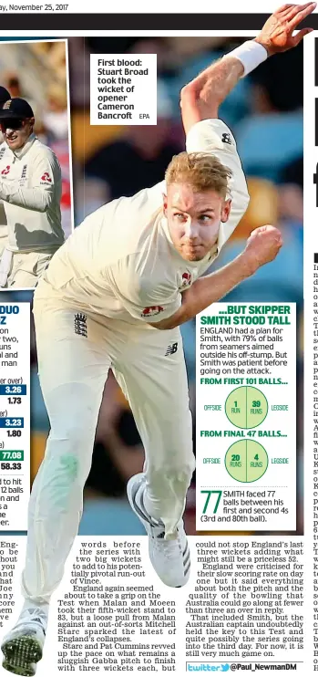  ?? EPA ?? First blood: Stuart Broad took the wicket of opener Cameron Bancroft