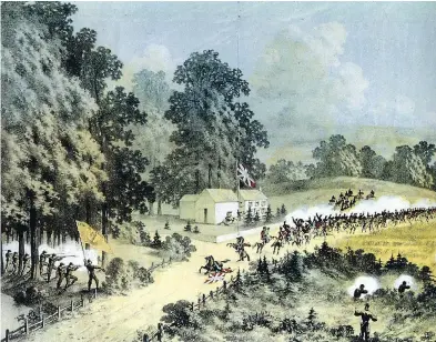  ?? LIBRARY AND ARCHIVES OF CANADA ?? A painting of the scene at Frelighsbu­rg, Que., where British troops fought a Fenian force on June 8, 1866.