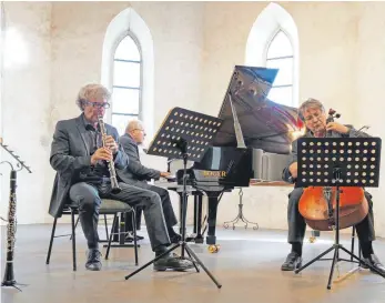  ?? FOTO: HELMUT VOITH ?? Klarinetti­st Wolfgang Lindner im Trio mit Martin Ostertag am Cello und Kalle Randalu am Klavier.