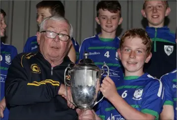  ??  ?? Barntown captain Conor Lyne receives the cup from Dan O’Flaherty of the Rackard League