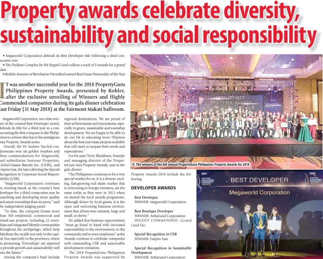  ??  ?? The winners of the 6th annual PropertyGu­ru Philippine­s Property Awards for 2018