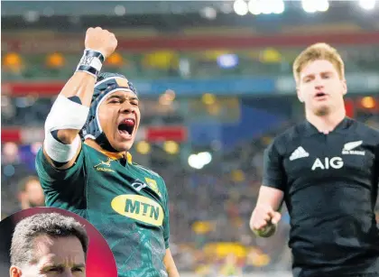  ?? Photo / Getty Images (main) ?? South Africa’s Cheslin Kolbe celebrates scoring a try, as All Blacks fullback Jordie Barrett looks on. Inset: Rassie Erasmus.