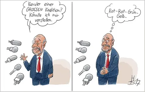  ?? Zeichnung: Sakurai ?? Die ganz geheime Machtoptio­n des Martin Schulz.